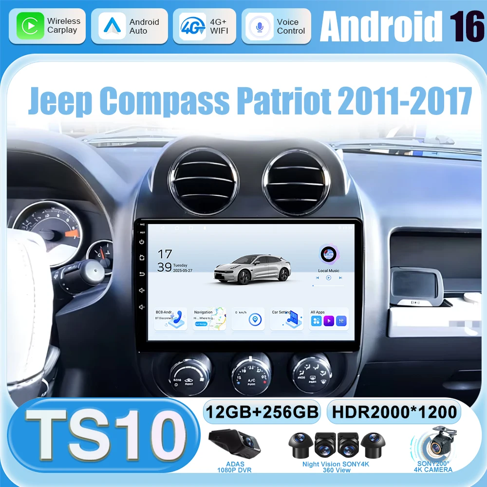 Android 16 5G WIFI Car Radio For Jeep Compass Patriot 2011-2017 Multimedia Player Autoradio Stereo Carplay Player GPS Navigation