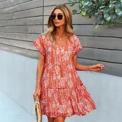 Women Summer Elegant Dress Casual A-line Above Knee Skirt for Women V-neck Loose Chiffon White Floral Short Beach Dress