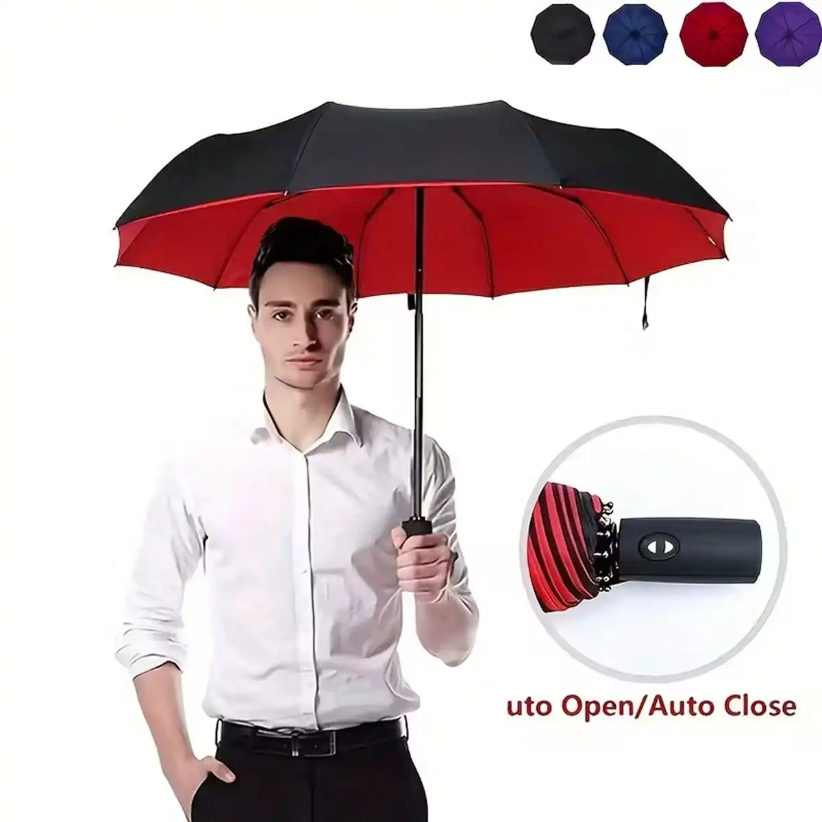 

Automatic Large Umbrella For Men & Women - 10-Rib Windproof, Thickened & Reinforced, Black With Red Accents, Auto Open/Close, Compact Foldable Design For Travel, Commuting, Outdoor Activities, Umbrella Heavy Duty Windproof