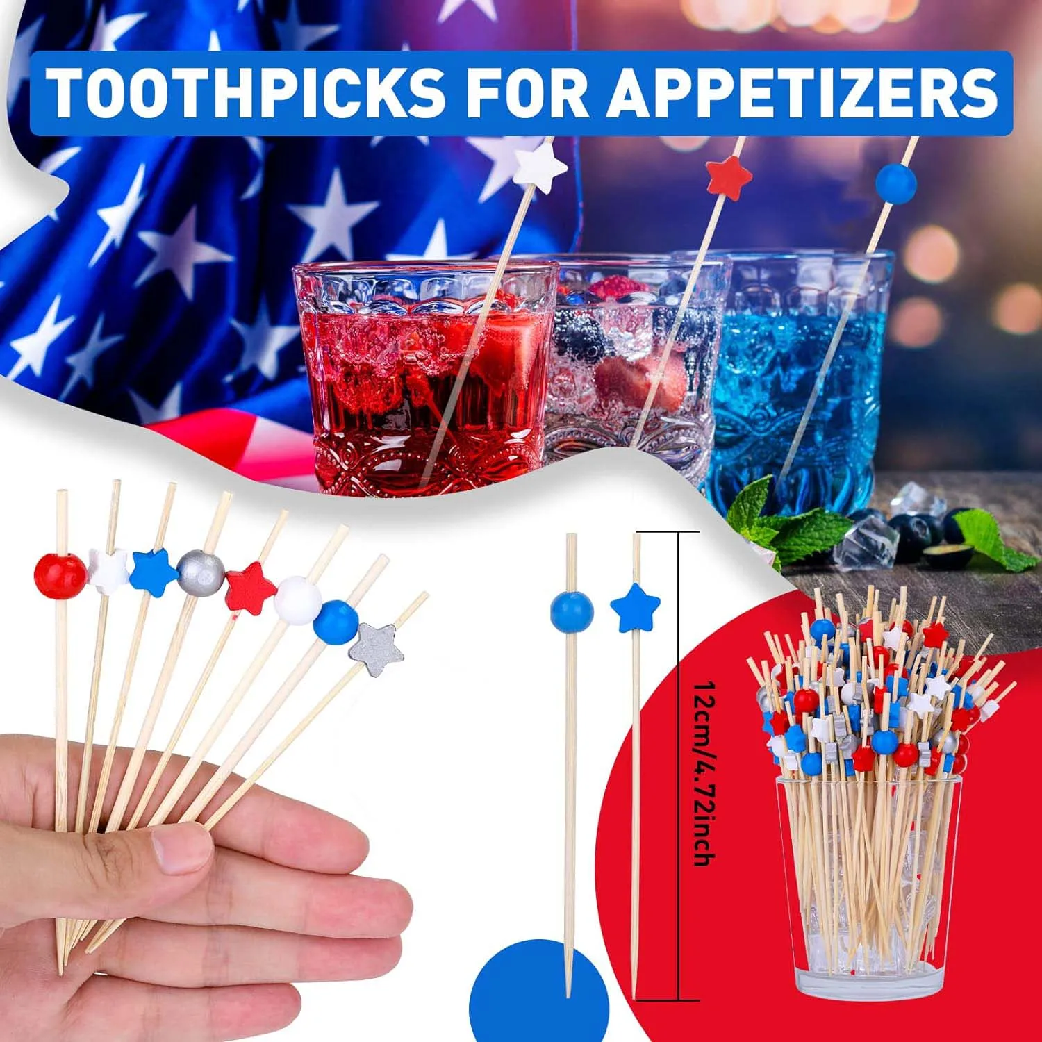 200Pcs Bamboo Cocktail Sticks Star Toothpicks Red White Blue Toothpicks for Appetizers Memorial Day 4th of July Party Supplies