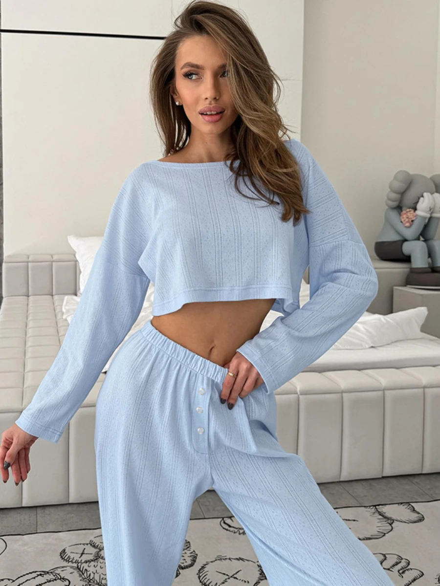 Mozuleva Summen Women's Long Sleeved Pants Two-Piece Set Knitted Elastic Navel Exposed Home Clothing Fashion Simplicity Lady