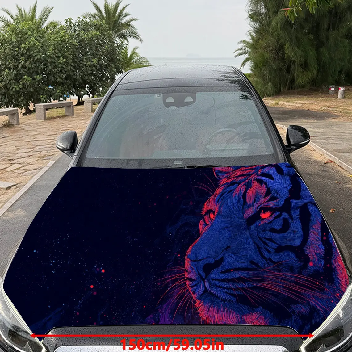 Car Decal Tiger with Neon Blue-Purple Artistic Background & Ferocious-Cyber Aesthetic Car Hood Sticker, Waterproof Self - Adhesi