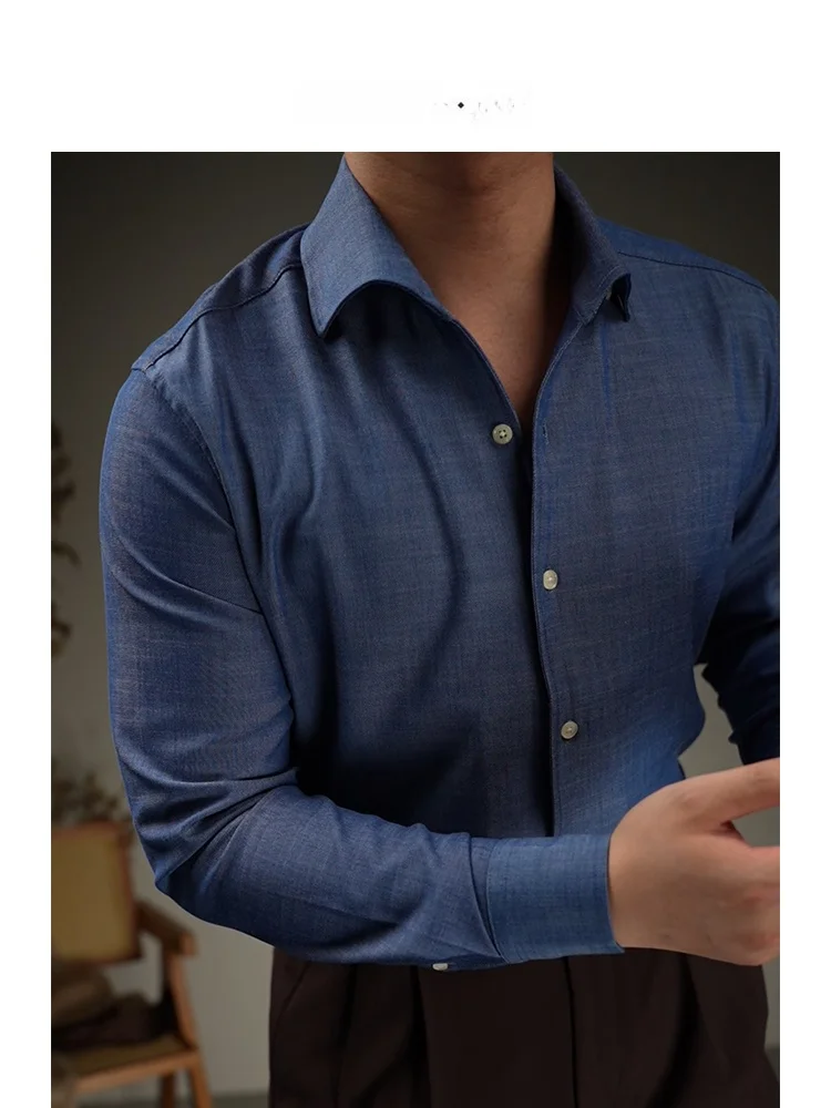 

Iron-Free Casual Men's irt Vintage Denim Color f-Unbuttoned Collar Faionable Urban Sle Polyester Blend Long Sve