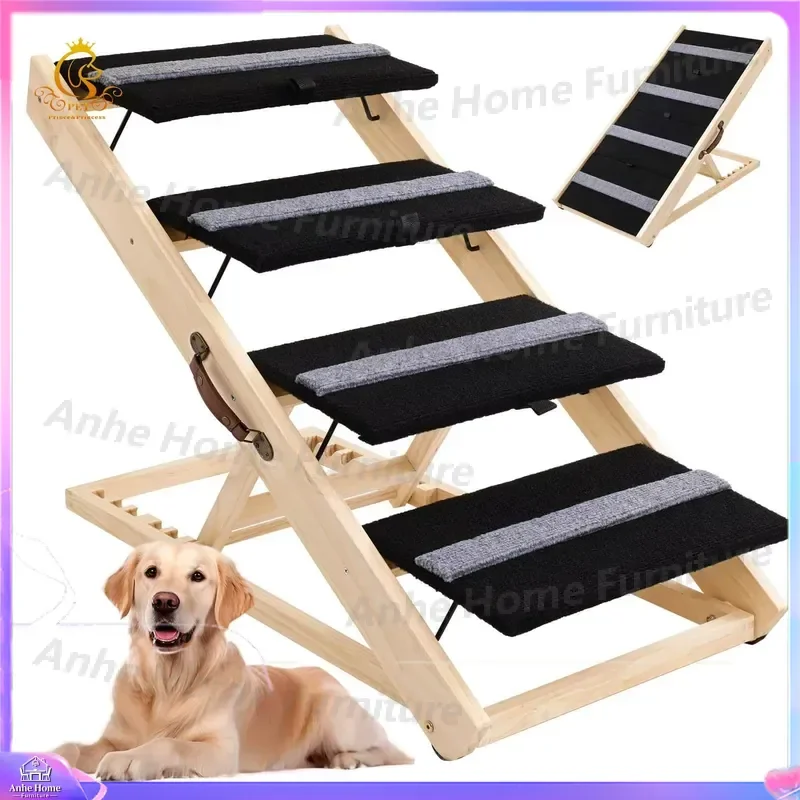 Adjustable Foldable Pet Stairs for Dogs Cats Pine Wood Ladder Portable Indoor Steps Simple Design Reliable Quality Furniture