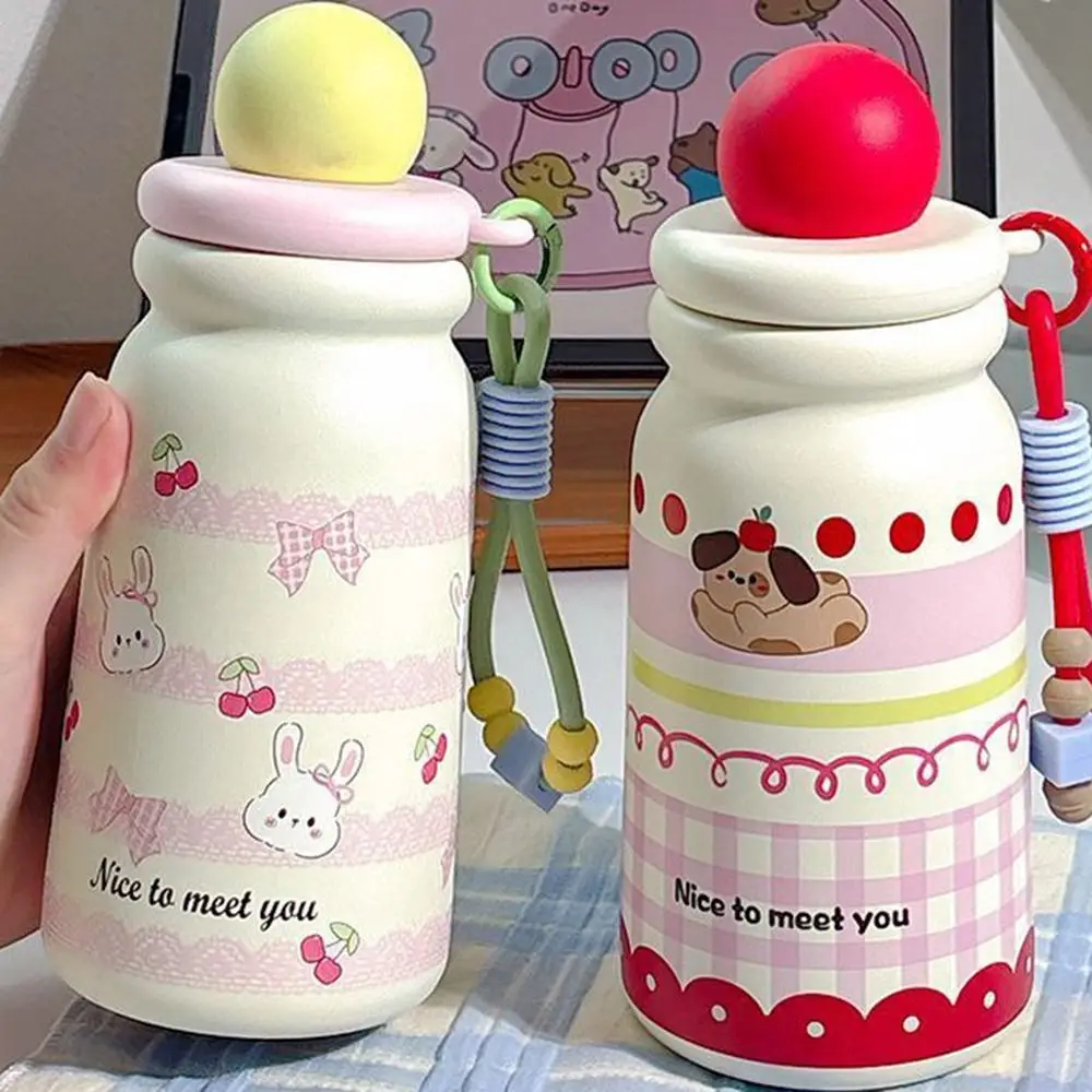 كوب معزول من الفولاذ المقاوم للصدأ سعة 500 مل، أكواب مياه للسيارة كرتونية مقاومة للغبار مع كوب مفرغ بحبل للنساء والفتيات