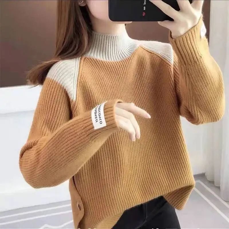 Personality Color Blocking Thickening Knitting Sweaters Women New High-quality Long Sleeve Mock Neck Loose Bottoming Shirt Top