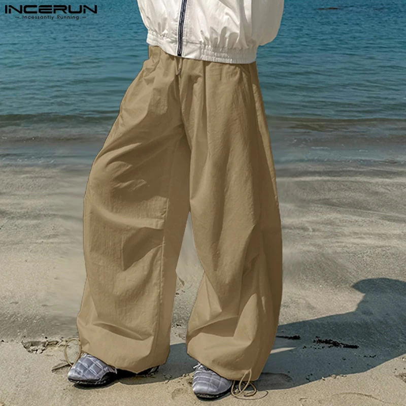 

INCERUN Men Cargo Pants Solid Color Drawstring Joggers Loose Casual Trousers Men Streetwear 2025 Fashion Male Long Pants S-5XL