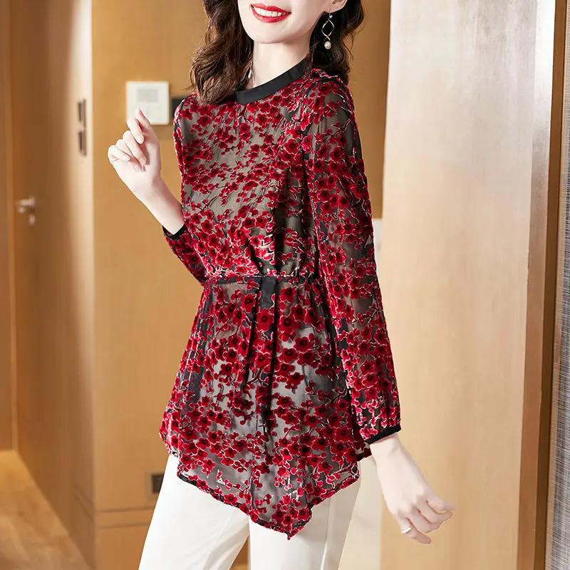 Crew Neck Velvet Lace Midi Top Women's 2023 Spring and Autumn New Fashion Fragmented Flowers Hollow Burnt Flower T-shirt