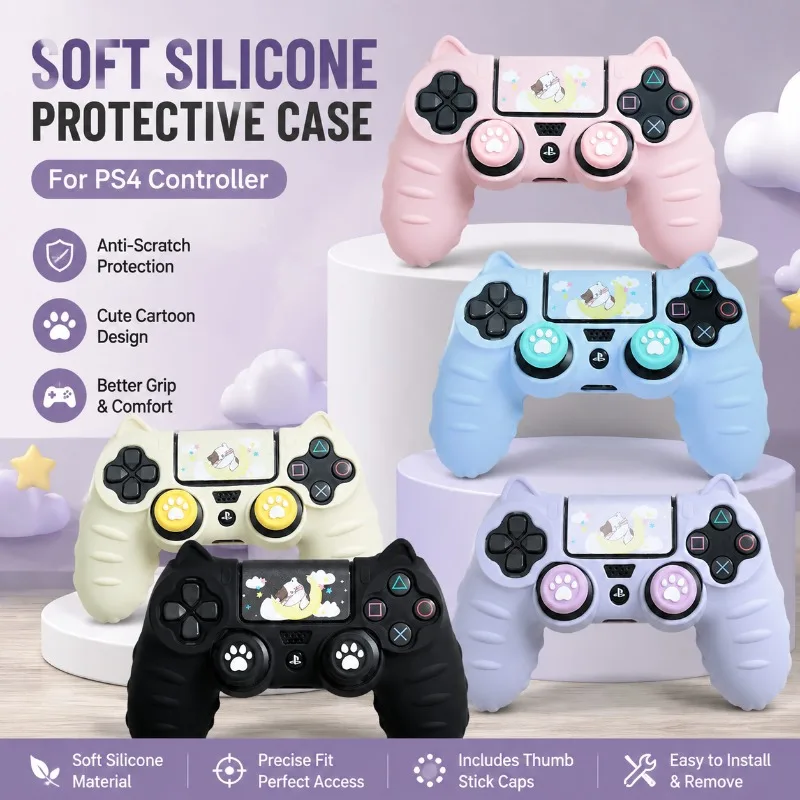 Soft Silicone Protective Skin for PS4 Controller Cute Cartoon Cover Equipped Thumb Grips Stickers Prevent Joystick Ring Wear