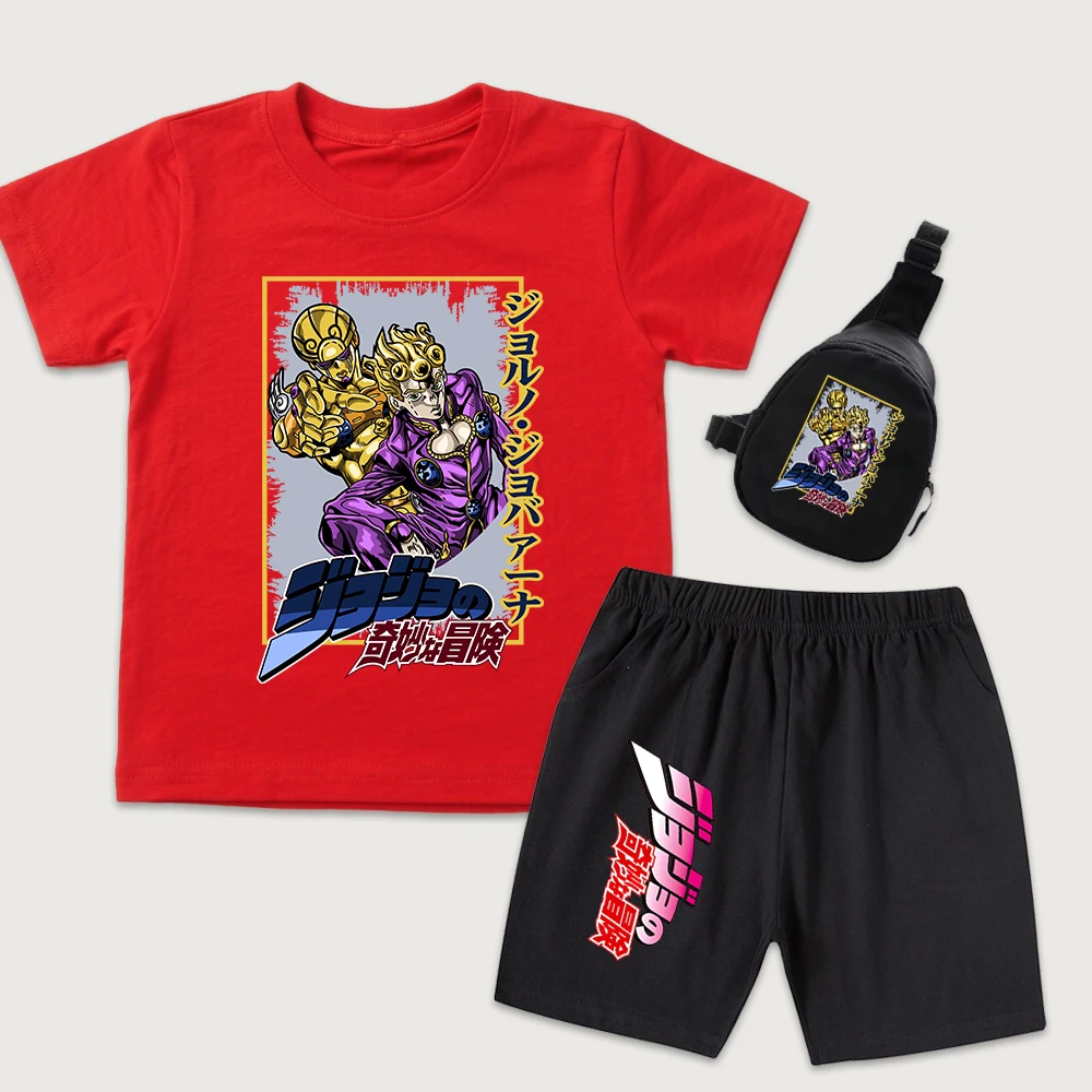 Jojo Giorno Anime Print Kids Cotton T Shirt Shorts Mini Chest Bag 3 Piece Set for Boys Girls Summer Clothes