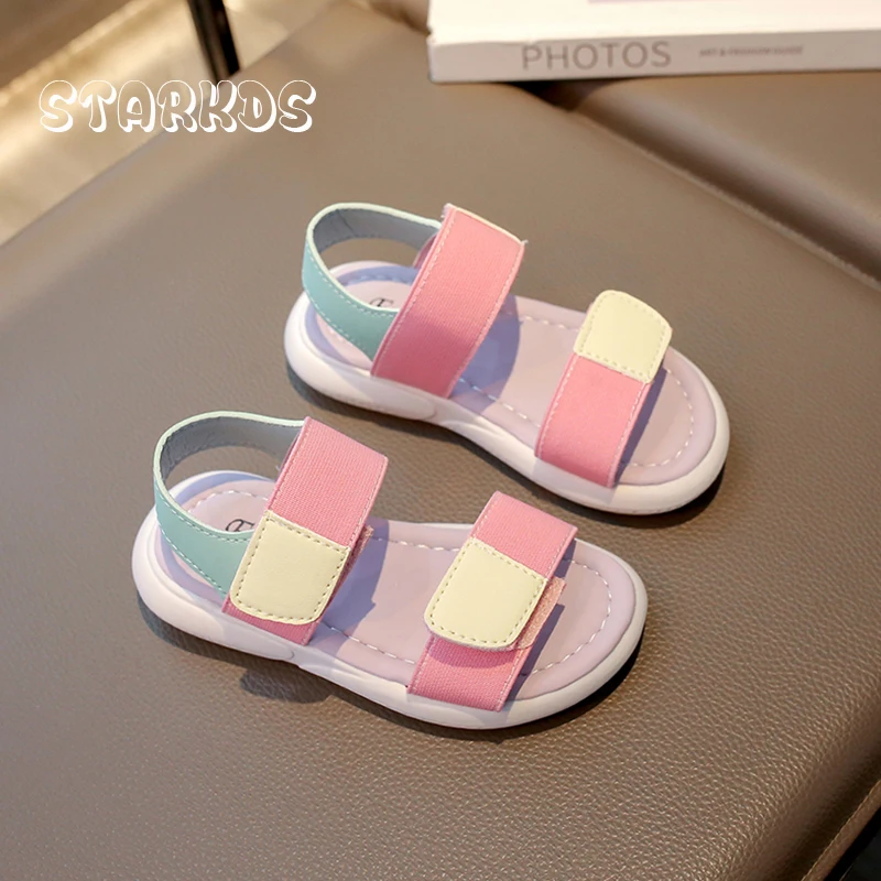 

Pink Green Elastic Band Sandals Kid Girl Casual Hook & Loop Strappy Sandalias Child Soft Sole Concise Summer Shoes