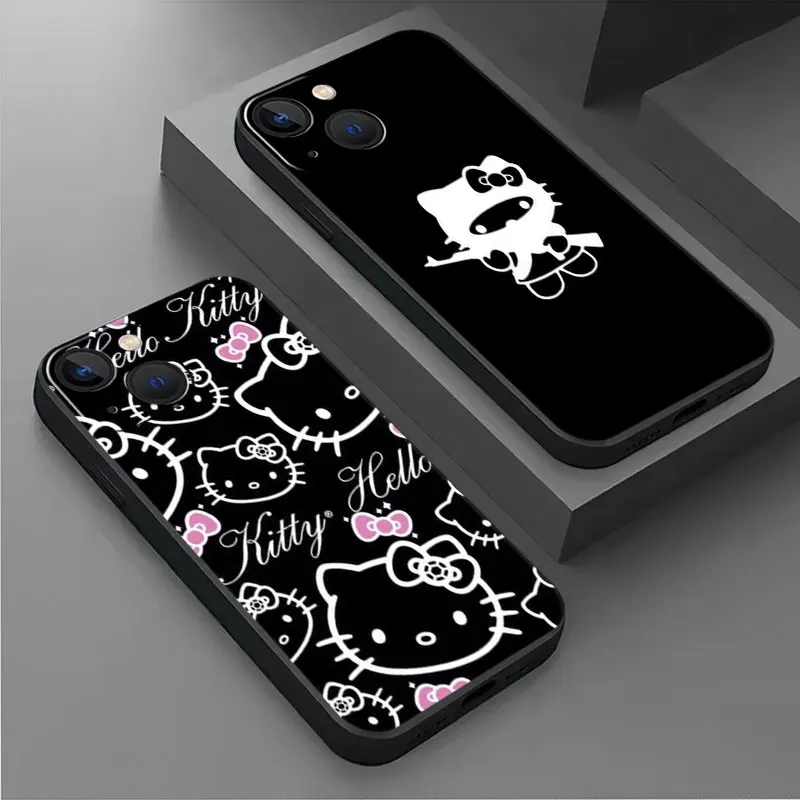 Silicone Case for iPhone 15 14 SE 13 Pro 8 7 Plus 6s XR 11 XS X 12Mini 14 Pro Max Phone Black Cover Hello Kitty Pink Kitty White