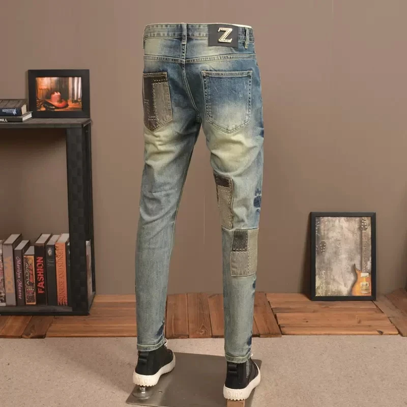 

y2k new jeans with fabric patchesy2k, washed water, nostalgic stretch, slim fit, retro blue jeans, hip-hop brand, straight