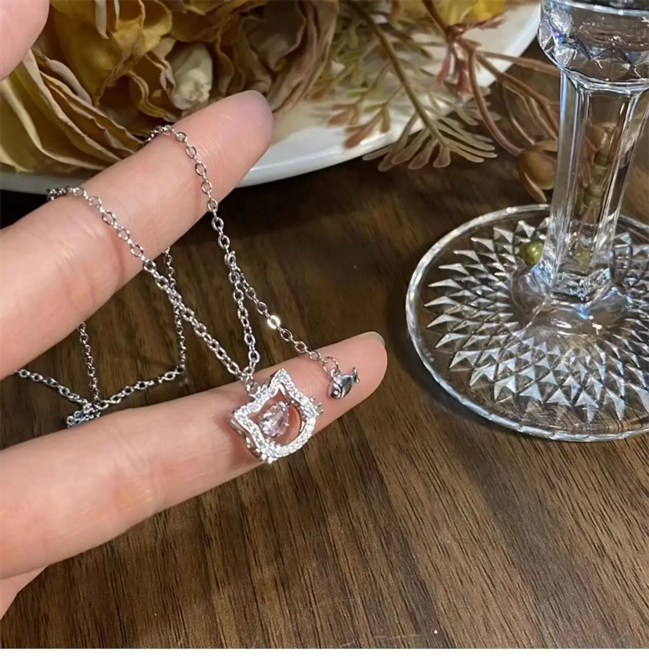 AETEEY S925 Sterling Silver Cat & Fish Heart Pink Zircon Pendant Fresh Women Clavicle Necklace Jewelry
