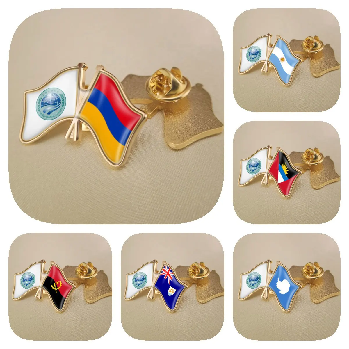 SCO and Angola Anguilla Antarctica Antigua and Barbuda Argentina Armenia Crossed Friendship Flags Brooches Lapel Pins Badges