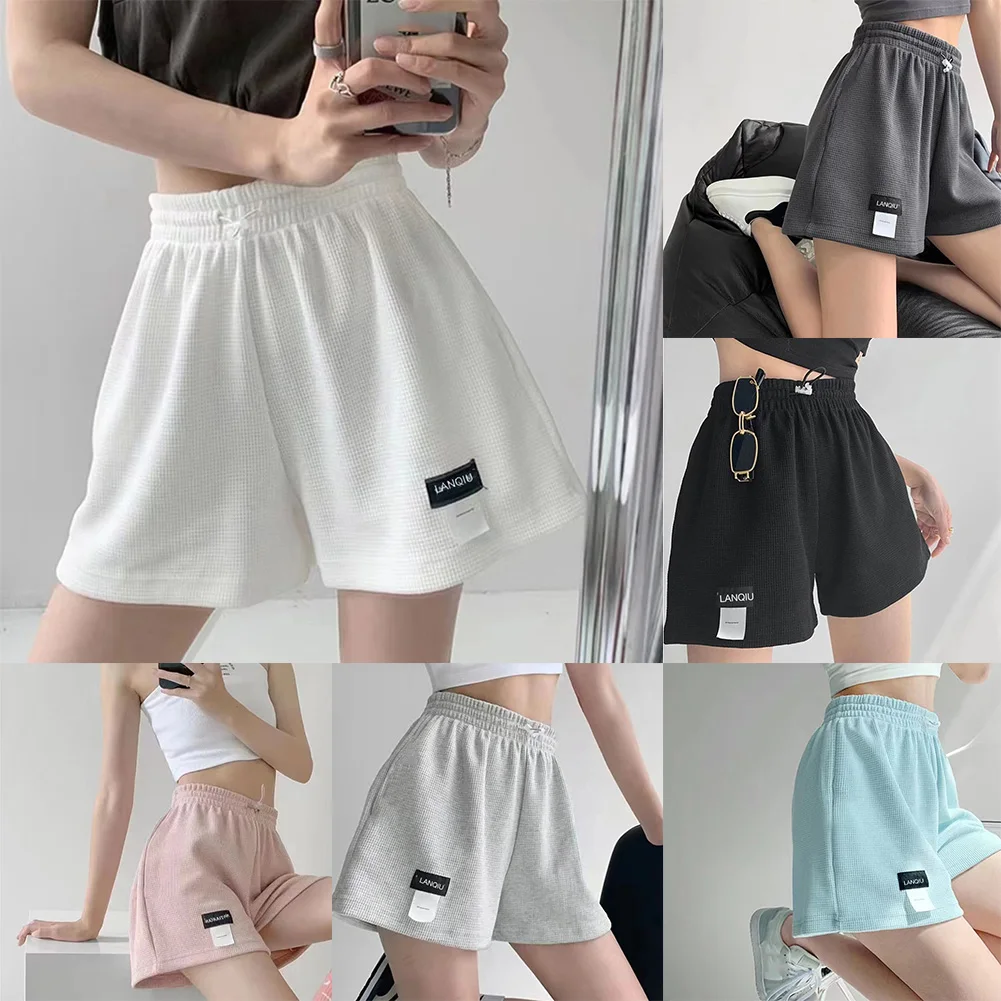 女性弾性ウエストワッフルワイドレッグショートパンツレディースカジュアルハイウエストストレートスポーツショーツ無地