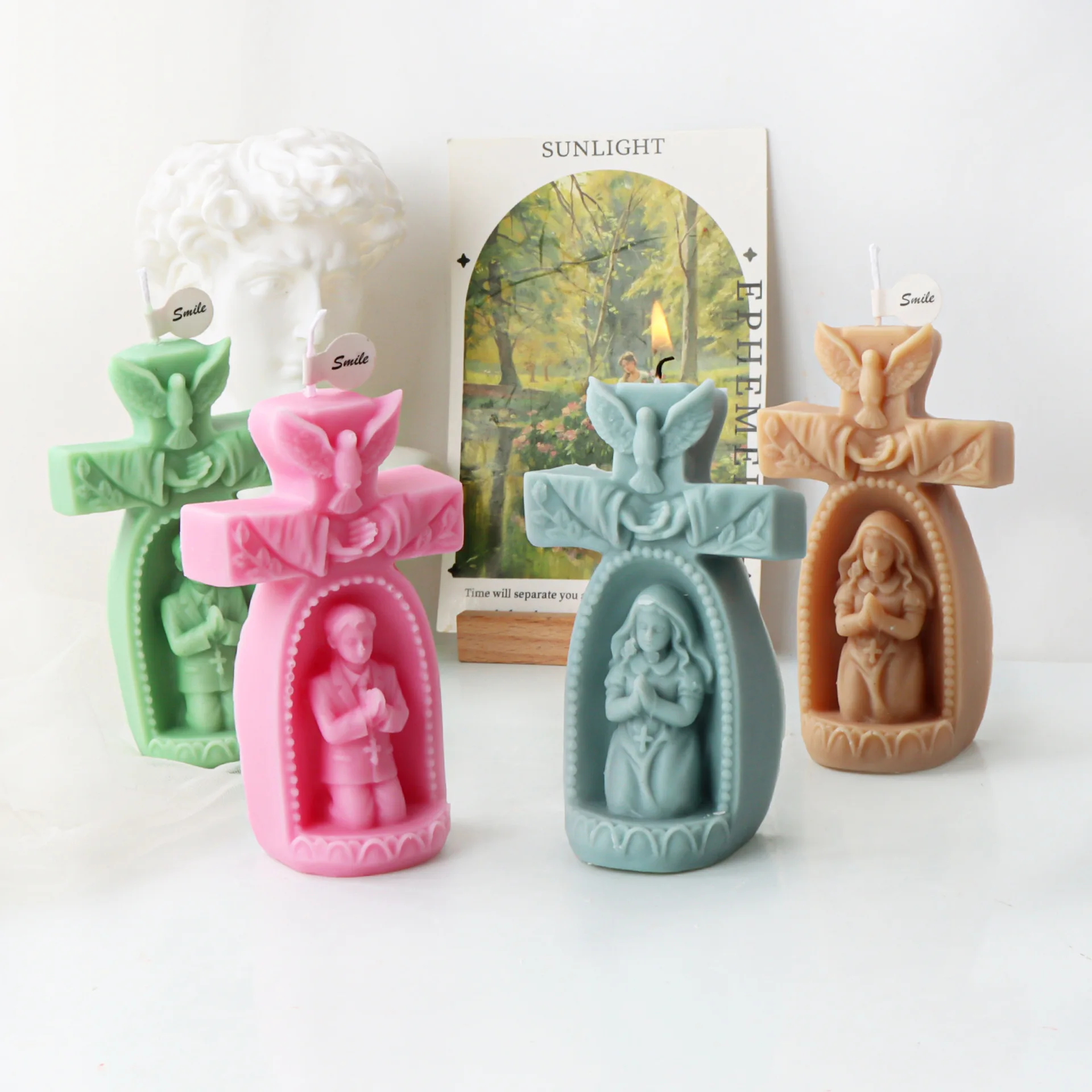 2D/3D Church Prayer Boy Candle Silicone Mold Cross Prayer Girl Angel Resin Mold Concrete Cement Jesus Gypsum Mold home Decor