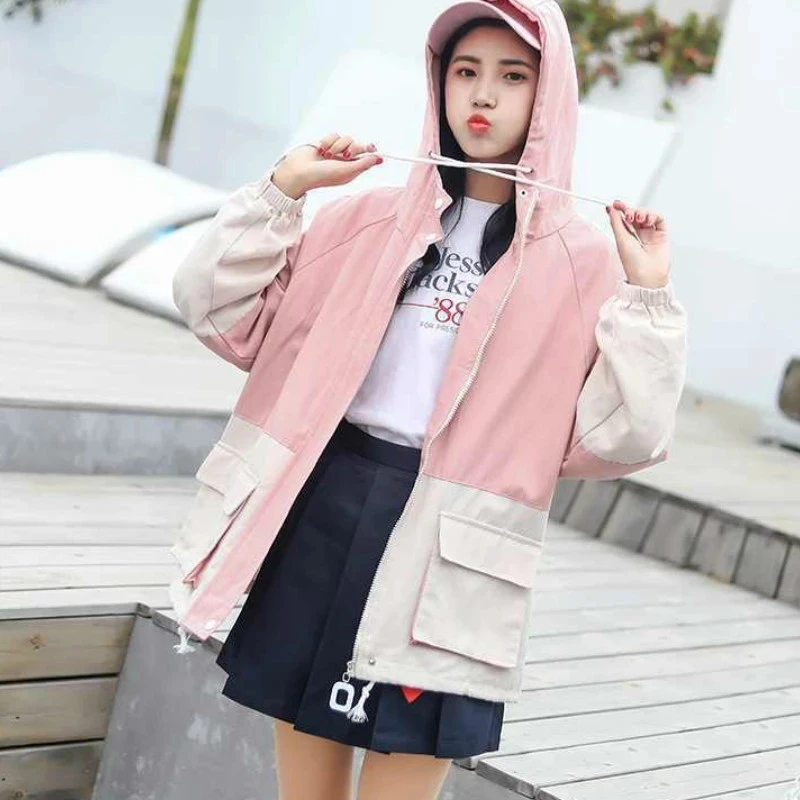 Casaco básico feminino retalhos à prova de vento simples moda zíper harajuku solto bf coreano outwear casacos primavera nova jaquetas femininas