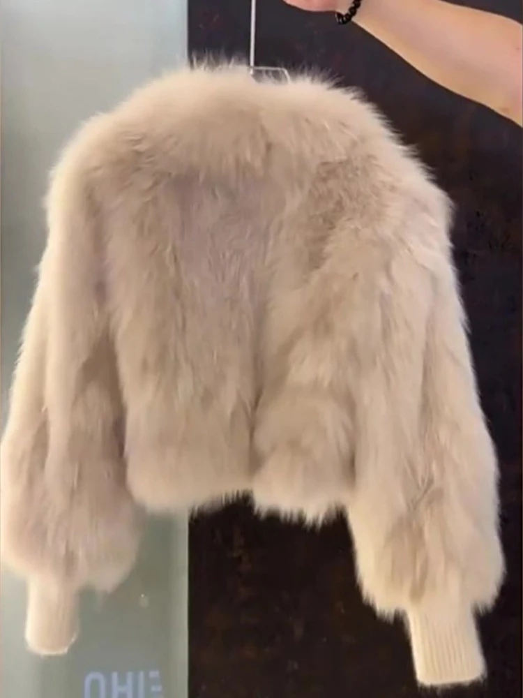 Kurze Damen-Jacke aus Kunstfuchsfell, Leder und Pelz, Patchwork-Plüschmantel, Reißverschluss, lockere pelzige Oberbekleidung, warme, stilvolle Winterjacken