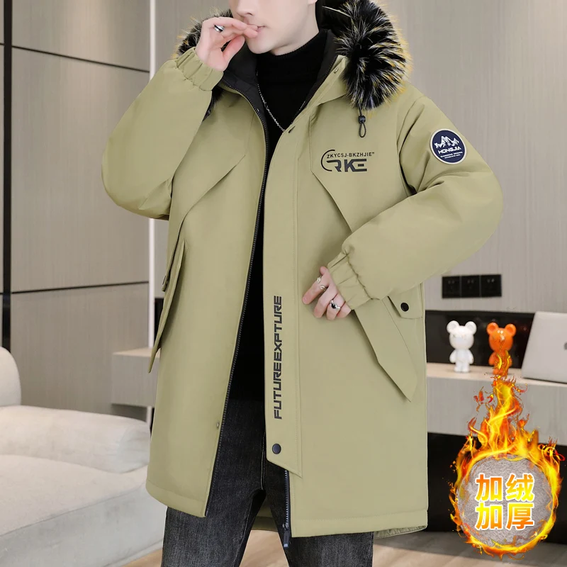 Men's Mid-Length Fleece Hooded Jackets 2025 Winter Detachable Fur Collar Thicken Plush Parkas Outwear Loose Windproof Warm Coats
