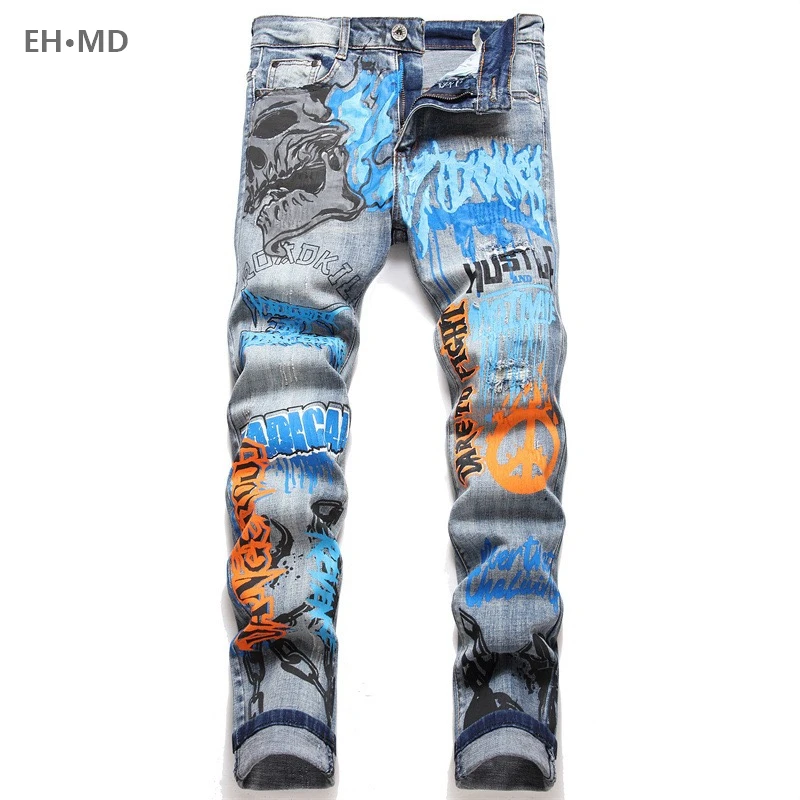 

Broken Hole Jeans Men Graffiti Skull Embroidery Worn High Elastic 3D Inner Embroidery Zipper Bleached Slim Fit Pants Soft Feet24