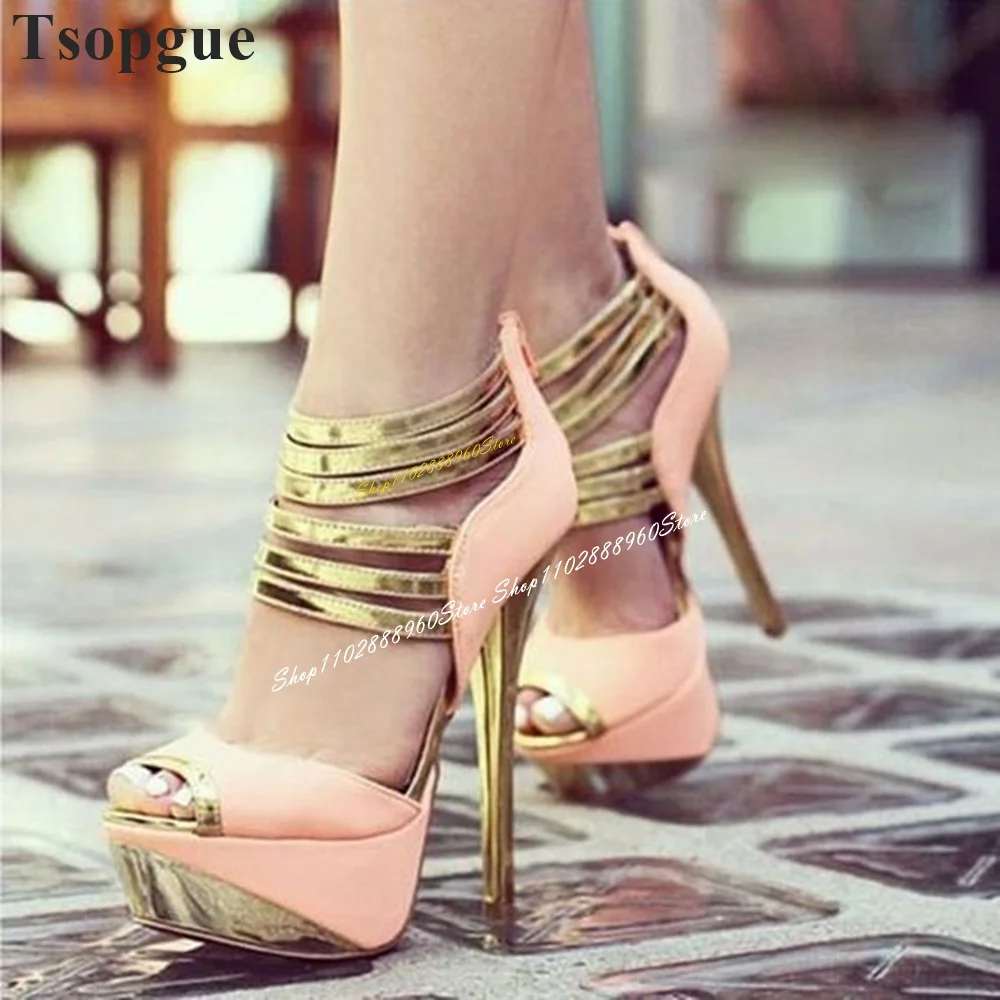 

Trending Mixed Color Strappy Platform Sandals Stilettos High Heel Shoes For Women Back Zipper Peep Toe 2024 Zapatos Para Mujere