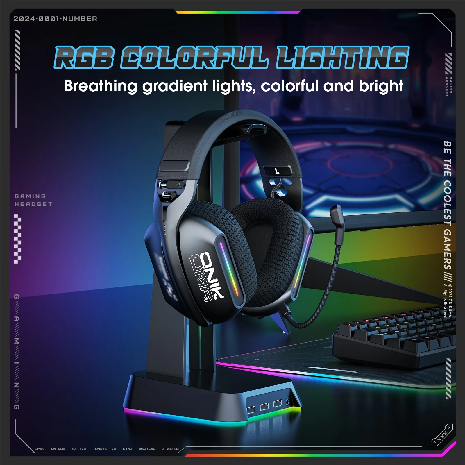 ONIKUMA GT808 Wireless Headset 2.4GHz Wireless Muffler Headset for PS5 PS4 PC Mac Gaming Headphones with RGB microphone