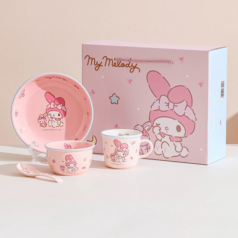 4Pcs Cartoon  Sanrio Hello Kitty My Melody Cinnamoroll Kurom Ceramics Dinnerware Tableware Box Set Cute Child Festival Gift