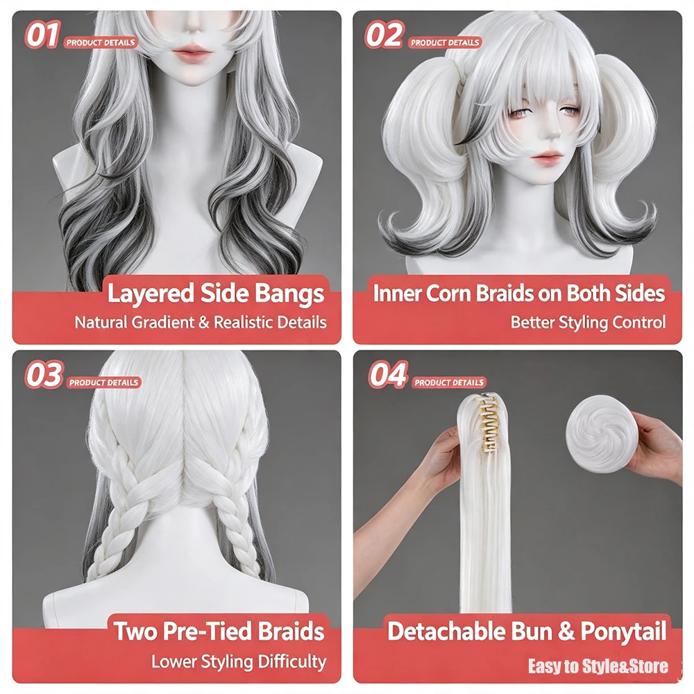 Game Wuthering Waves Hsin Cosplay Wig Women Silver Gray Gradient Long Hair Heat Resistant Synthetic Full Wig Halloween Prop view 6
