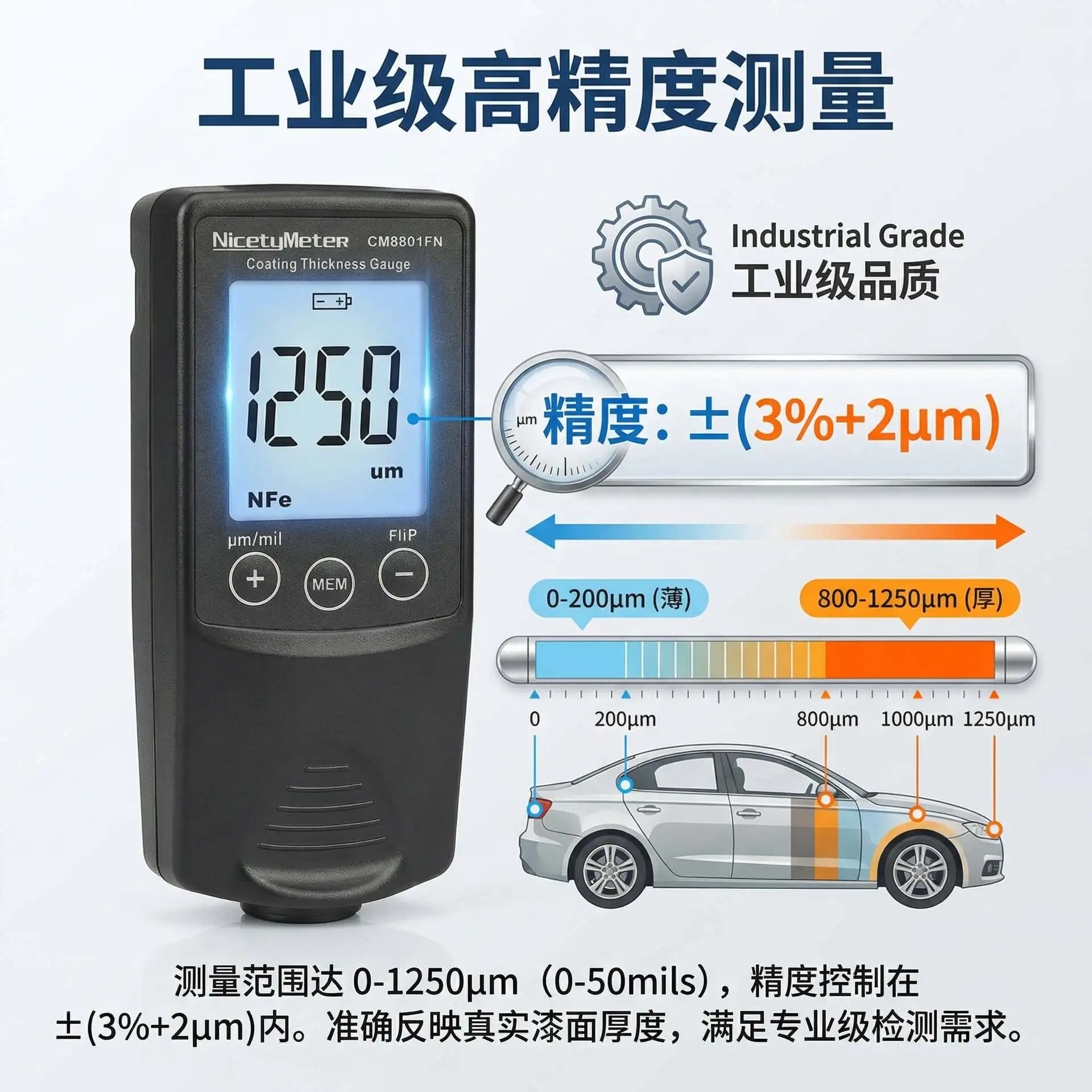 CM8801FN Intelligent Handheld Digital Coating Thickness Gauge, Film Thickness Gauge, Automotive Coating Thickness Gauge