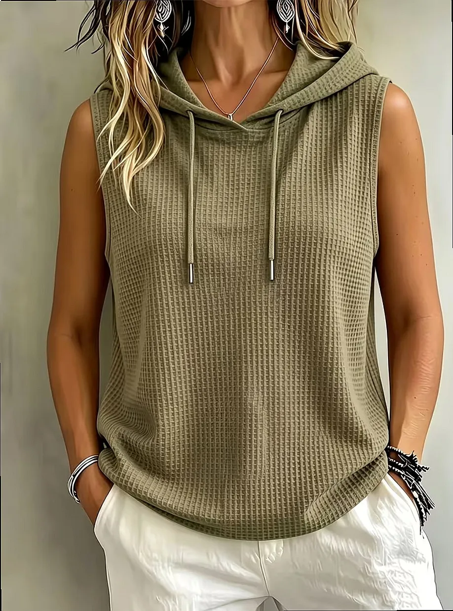 Waffle Knit Hooded Vest Women Drawstring Loose Fit Summer Vests Sleeveless Top