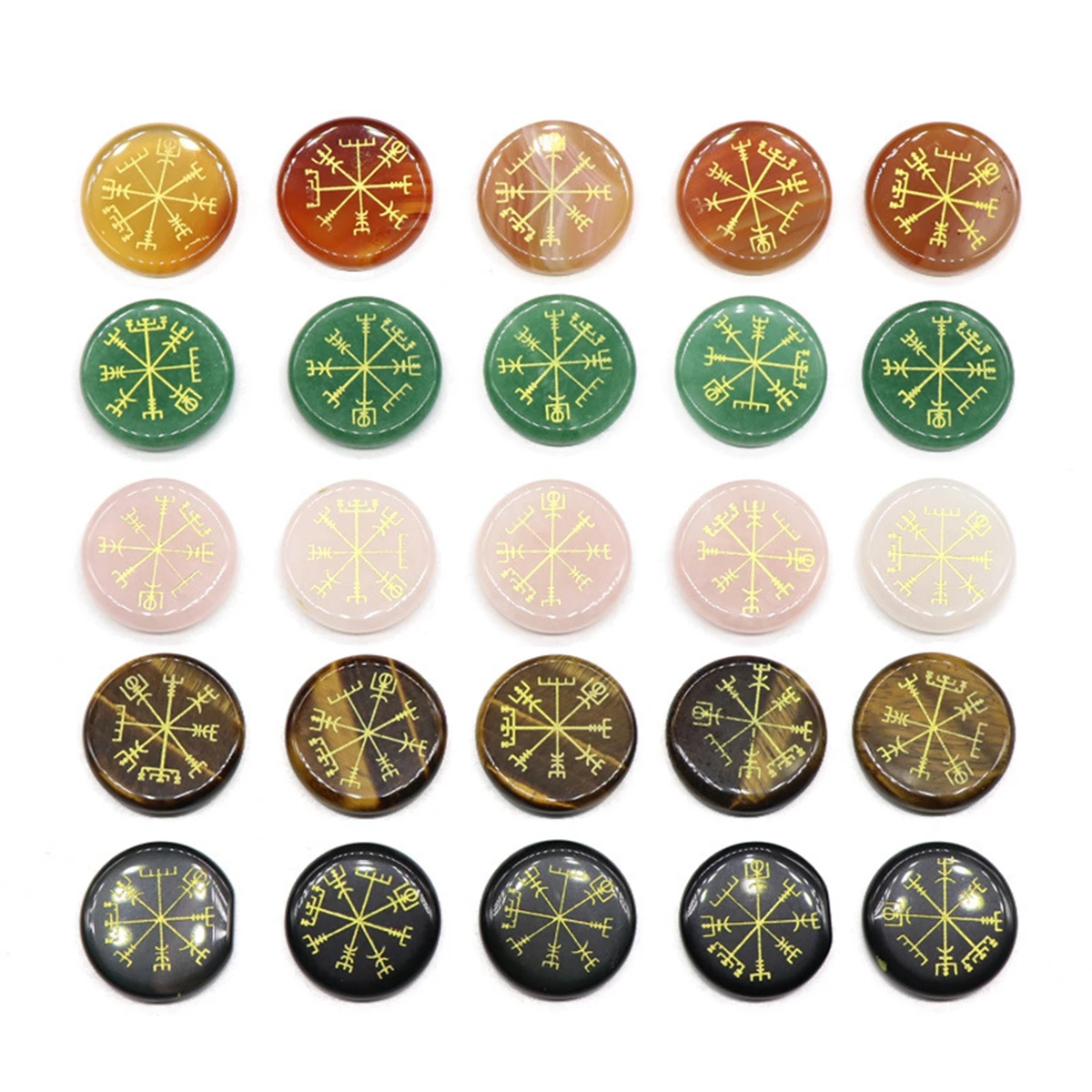 

6PCS Chakra Gemstone Round Disc with Gold Vegvisir & Viking Symbol Craved Palm Worry Thumb Stone Therapy Geometry Healing Coin