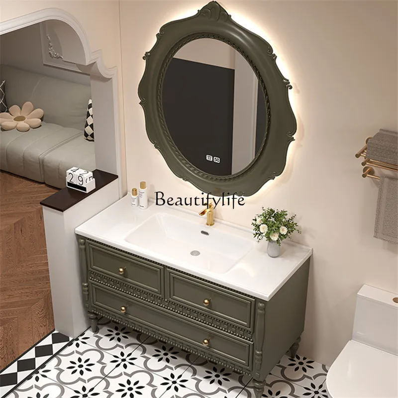 

French retro floor-to-ceiling bathroom cabinet combination ceramic integrated basin
