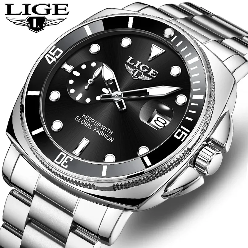 LIGE Top Fashion Luxus-Uhr für Herren, wasserdicht, leuchtend, mit Datumsanzeige, Herrenuhr aus Edelstahl, Business-Quarz-Armbanduhr für Männer