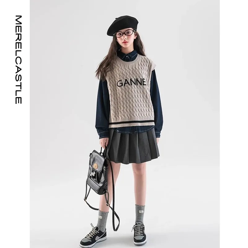 

Korean Autumn School Girl Set Kid Girl Turn Down Collar Denim Top Children Girl Letter Printed Knitted Vest 4-14Y Girl 2pcs Suit