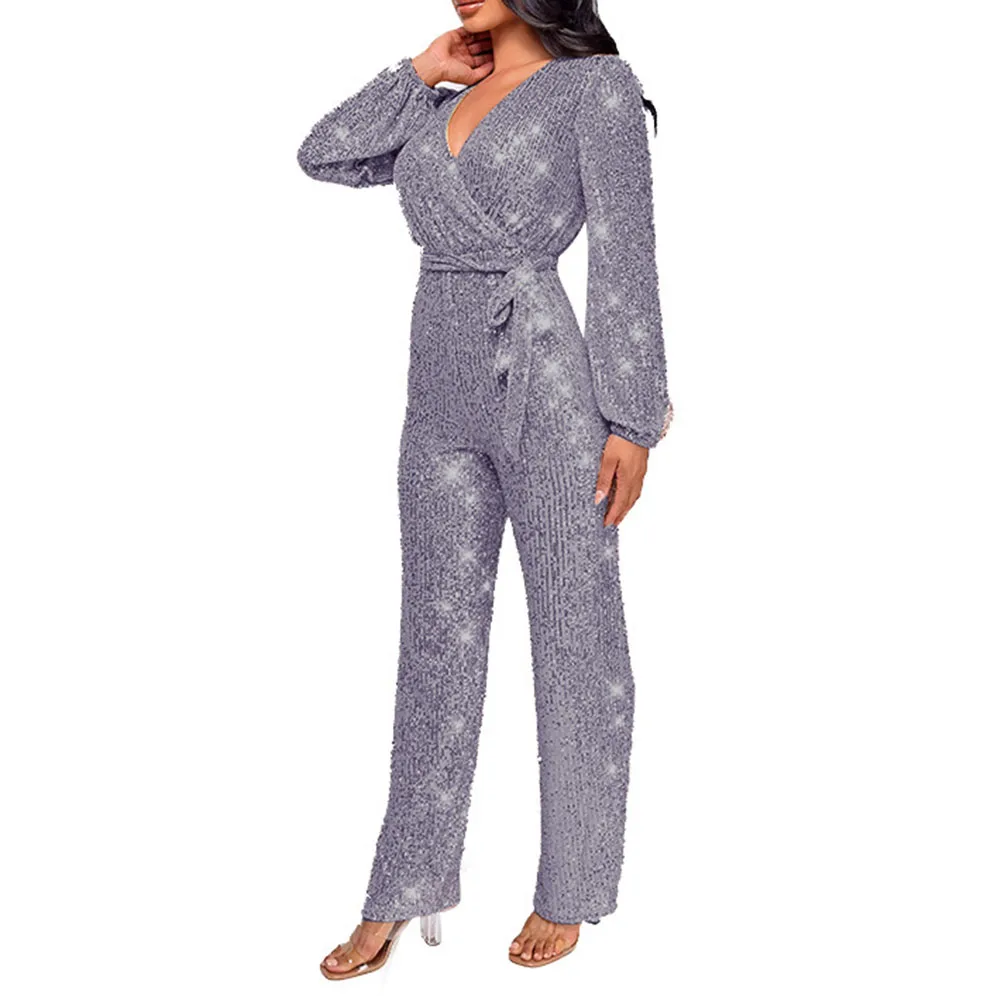 秋冬女性服女性のジャンプスーツロンパース休暇用シルバー長袖ロンパース無地パターン