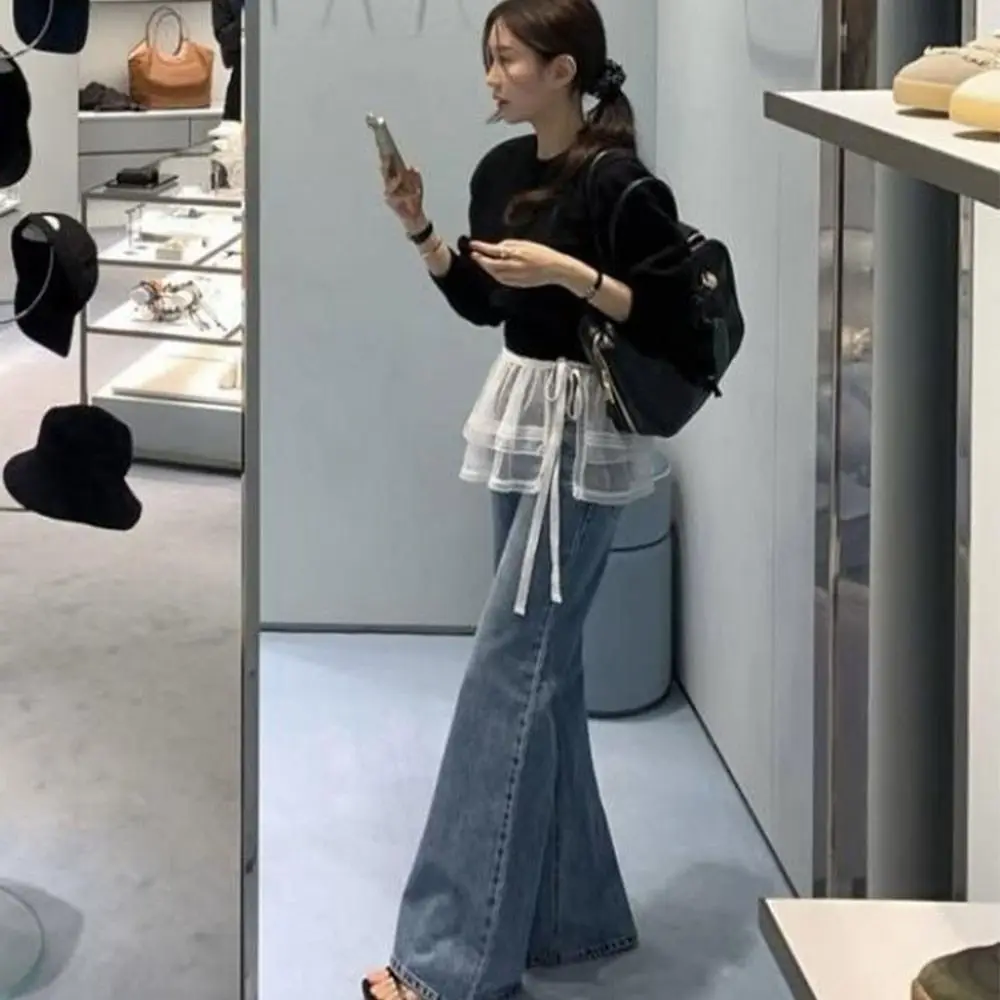 

New Embroidered Flower Lace Mini Skirt See Through Harajuku Lace Up Ruffles Skirt Y2K Streetwear Pleated Skirts Jeans Decoration