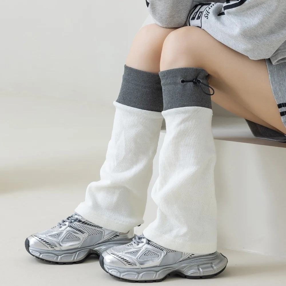 1 pair Cute Middle Tube Leg Warmers Gray Spliced Breathable Foot Cover Adjustable Buckle Drawstring Closure Boot Cuffs Women