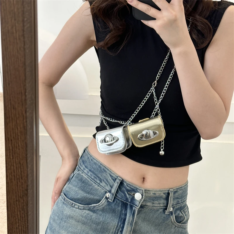 Mini sacola crossbody para mulheres, bolsa de ombro, decoração em corrente, moda verão