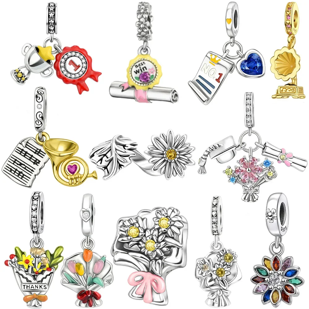 Silver 925 Daisy Bouquet Charm Beads Fit Original Bracelets Bag Keychain Charms Beads Pendant Diy Women Jewelry Gift