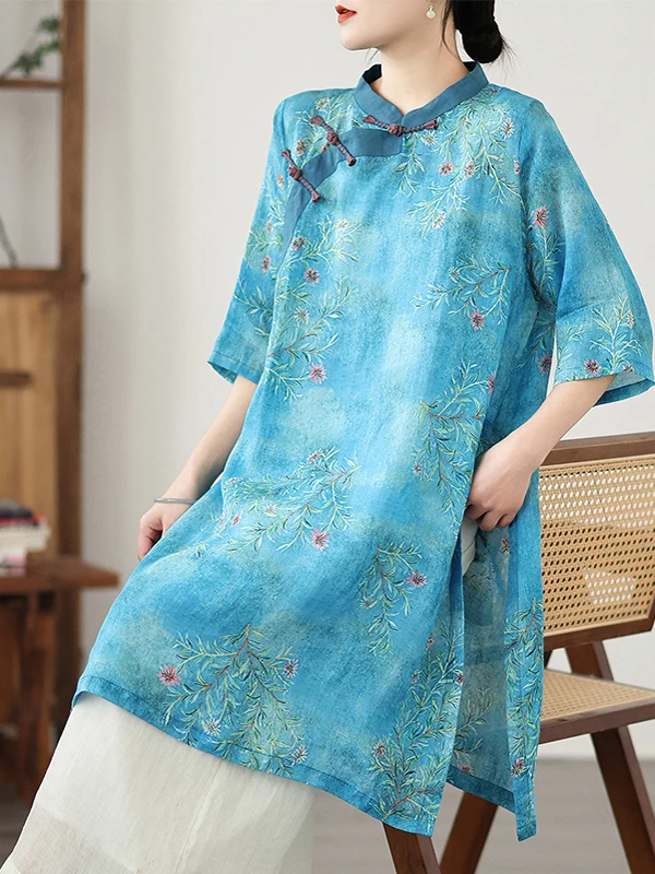 Vestido Midi Estilo Chino Artístico, Aodón y Lino, Estampado Digital, Traje Zen para Té, Corte Hoado, Manga Corta, Moda F...