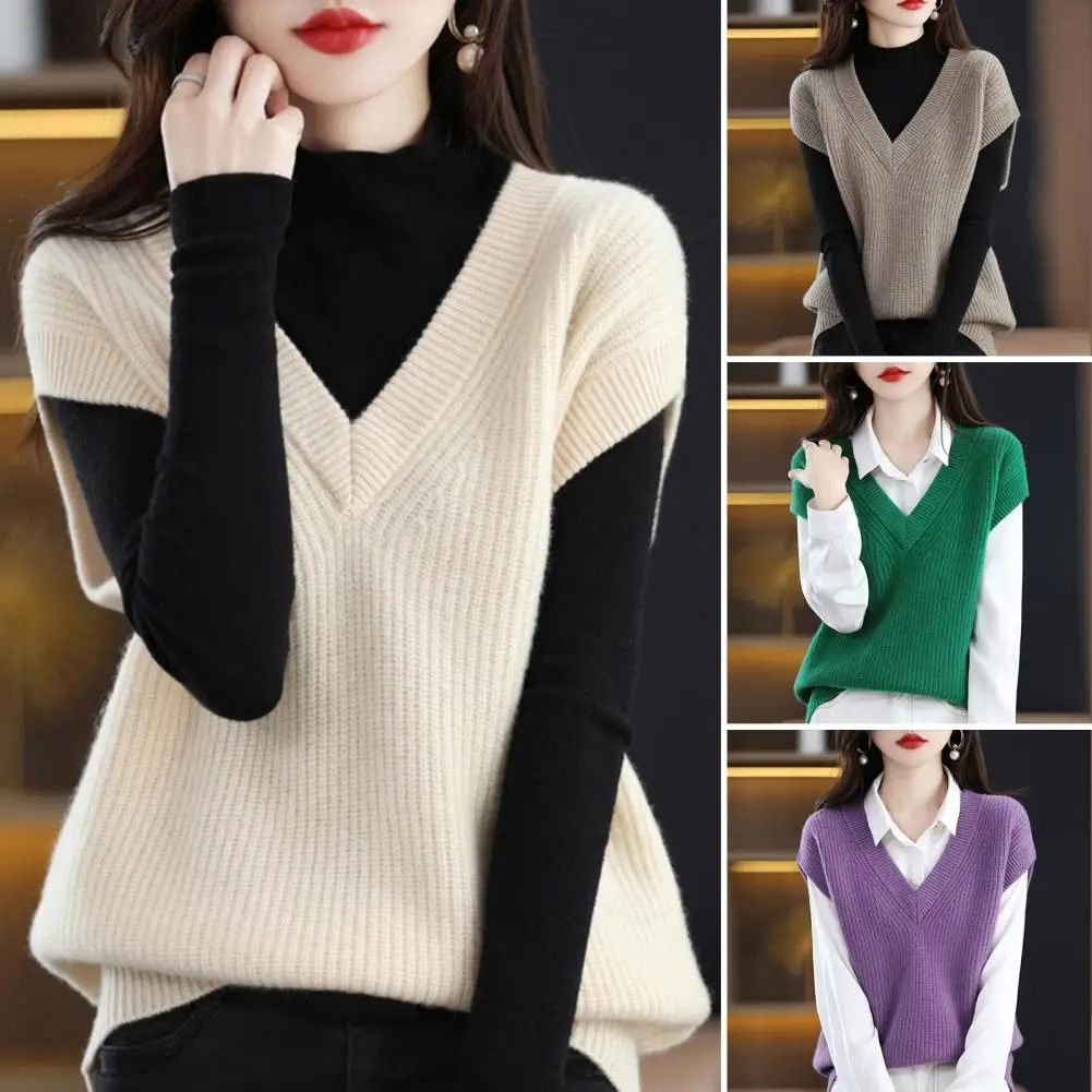 Women Vest Cozy V Neck Knitwear Vest For Women Solid Color Pullover Sweater Fall Winter Elastic Warmth Fashion Solid Color