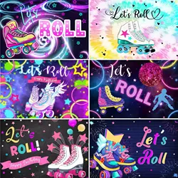 Roller Skating Shoes Theme Birthday Background Girls Children Women 80s 90s Pink Roller Skating Neon Lights Rainbow Disco Party