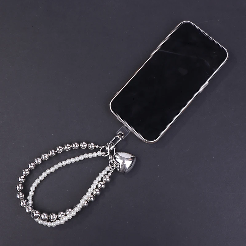 Simple Pearl Double Chain Cell Phone Lanyard Bow Pearl Beaded Chain Love Heart Mobile Phone Camera Wrist Strap Anti-Lost Chains