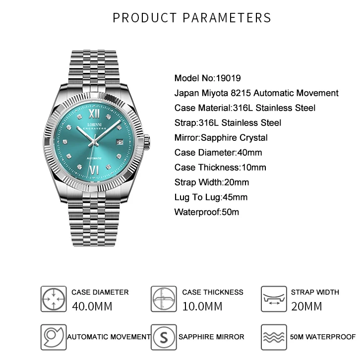 Reloj Automático LOBINNI para hombre, reloj de pulsera mecánico de lujo de 40mm, luminoso, resistente al agua hasta 50M, zafiro Miyota 8215 con fecha