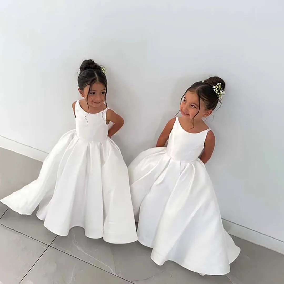 Ivory Flower Girl Dress With Bow Strap Mini Bridal Wedding Dress Kids Ball Gown 1st Communion Frock Customized Vestidos de Noiva