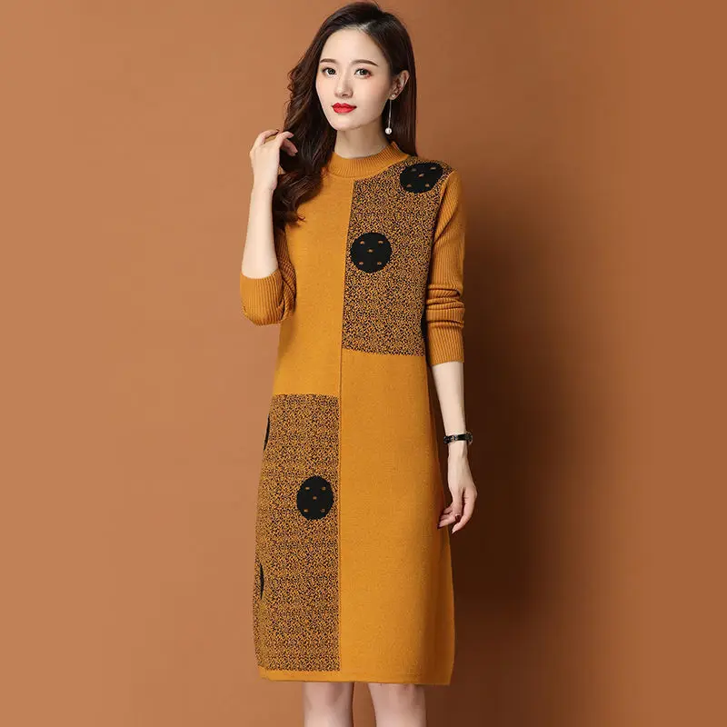 

Women Knitted Dress for Spring Autumn 2023 New Half Turtleneck Pullover Loose Thicken Warm Bottom Sweater Dresses