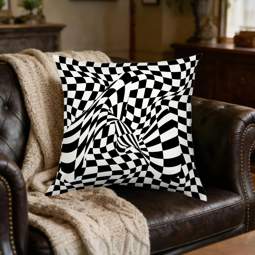 1pc Modern Geometric Black And White Checkered Optical Illusion Cushion Cover For Living Room Sofa Bed Decor Soft Breathable