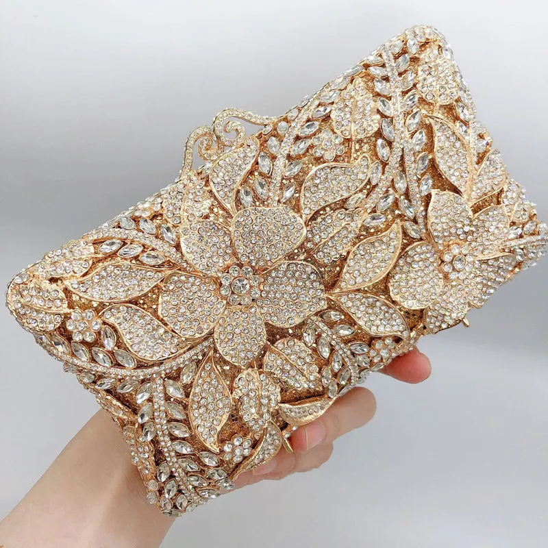 New Arrival Woman Silver Gold Diamond Evening Bag Flower Crystal Birthday Party Handbag Wedding Bridal Gala Floral Purse