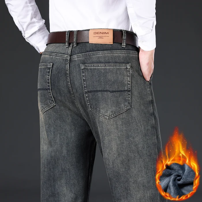 

Winter Wool Lining Thickened Jeans Classic Men's Loose Straight Fleece Warm Business Casual Trousers Anti-freeze Denim Pants